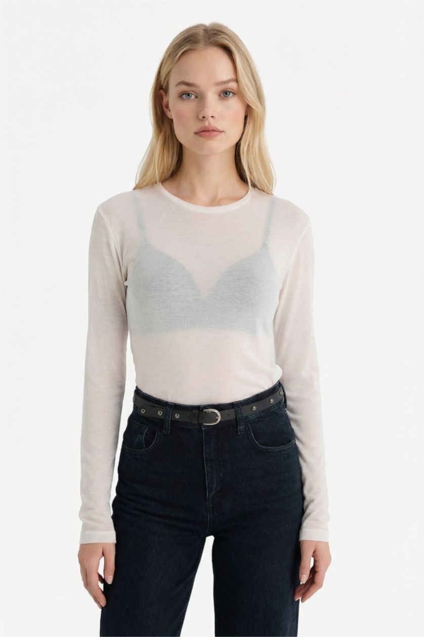 Woman White تيشيرت ردن طويل سليم فيت وياخة مستديرة