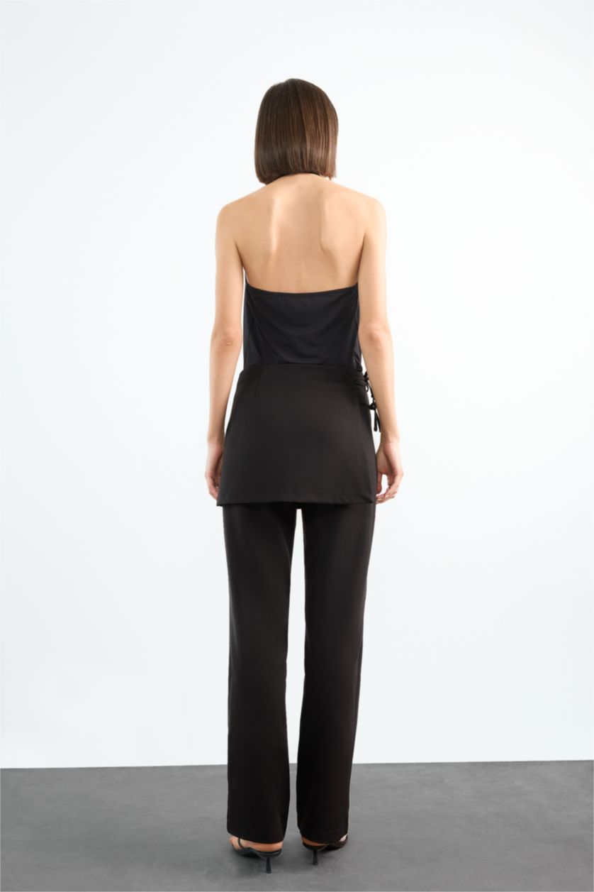 Kadın Siyah Belden Bağlama Detaylı Siyah Pantolon