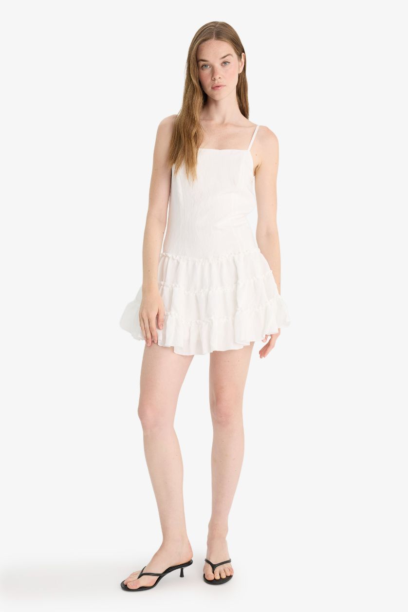 Kadın Kırık Beyaz Regular Fit Kare Yaka Modal Askılı Mini Elbise