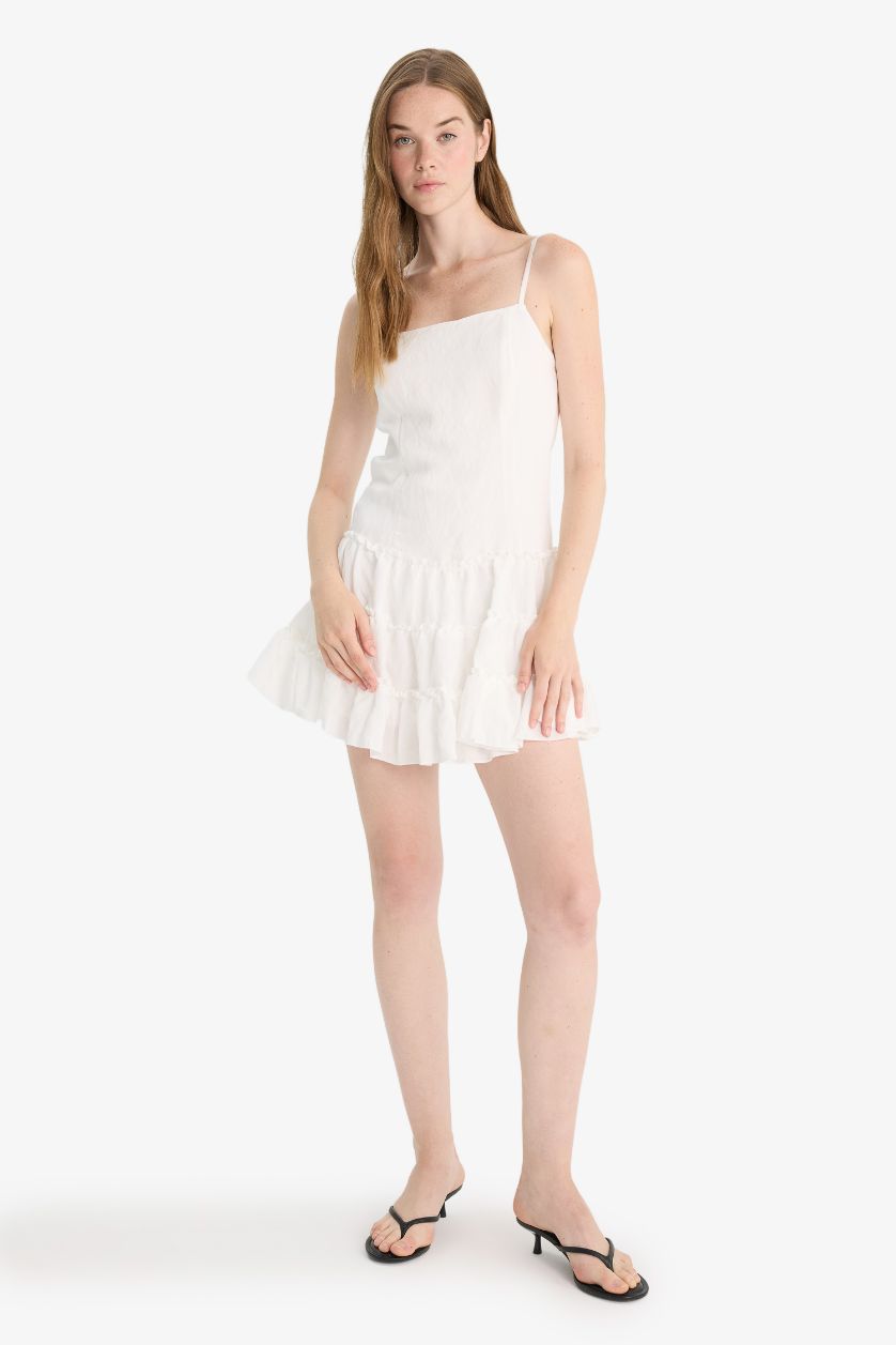 Kadın Kırık Beyaz Regular Fit Kare Yaka Modal Askılı Mini Elbise