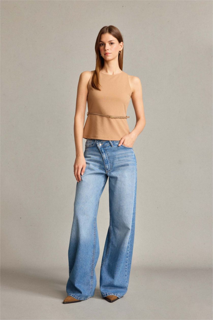 Woman Camel Fitted Crew Neck Belted Sleeveless Blouse