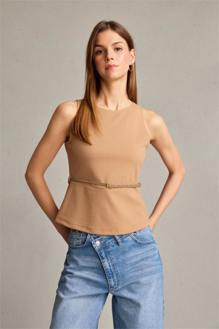 Woman Camel Fitted Crew Neck Belted Sleeveless Blouse