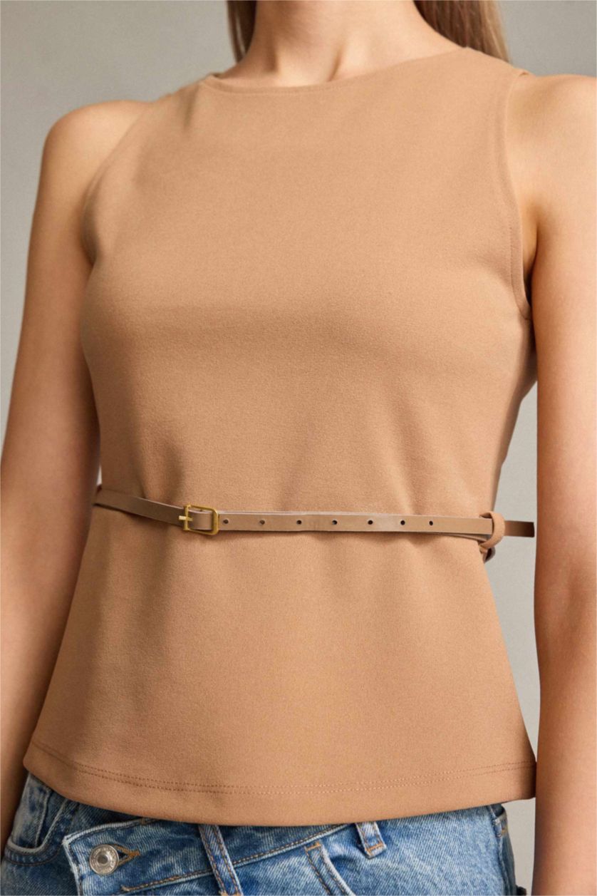 Woman Camel Fitted Crew Neck Belted Sleeveless Blouse