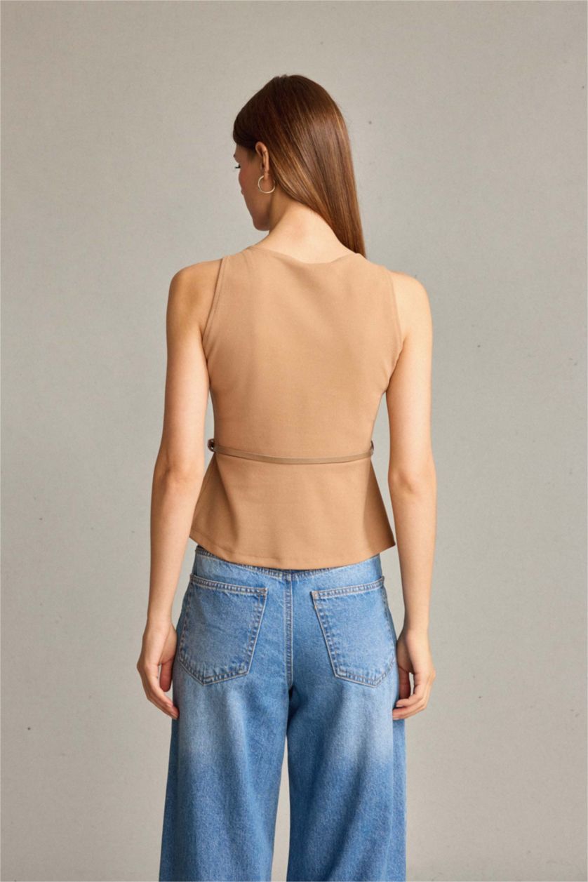 Woman Camel Fitted Crew Neck Belted Sleeveless Blouse
