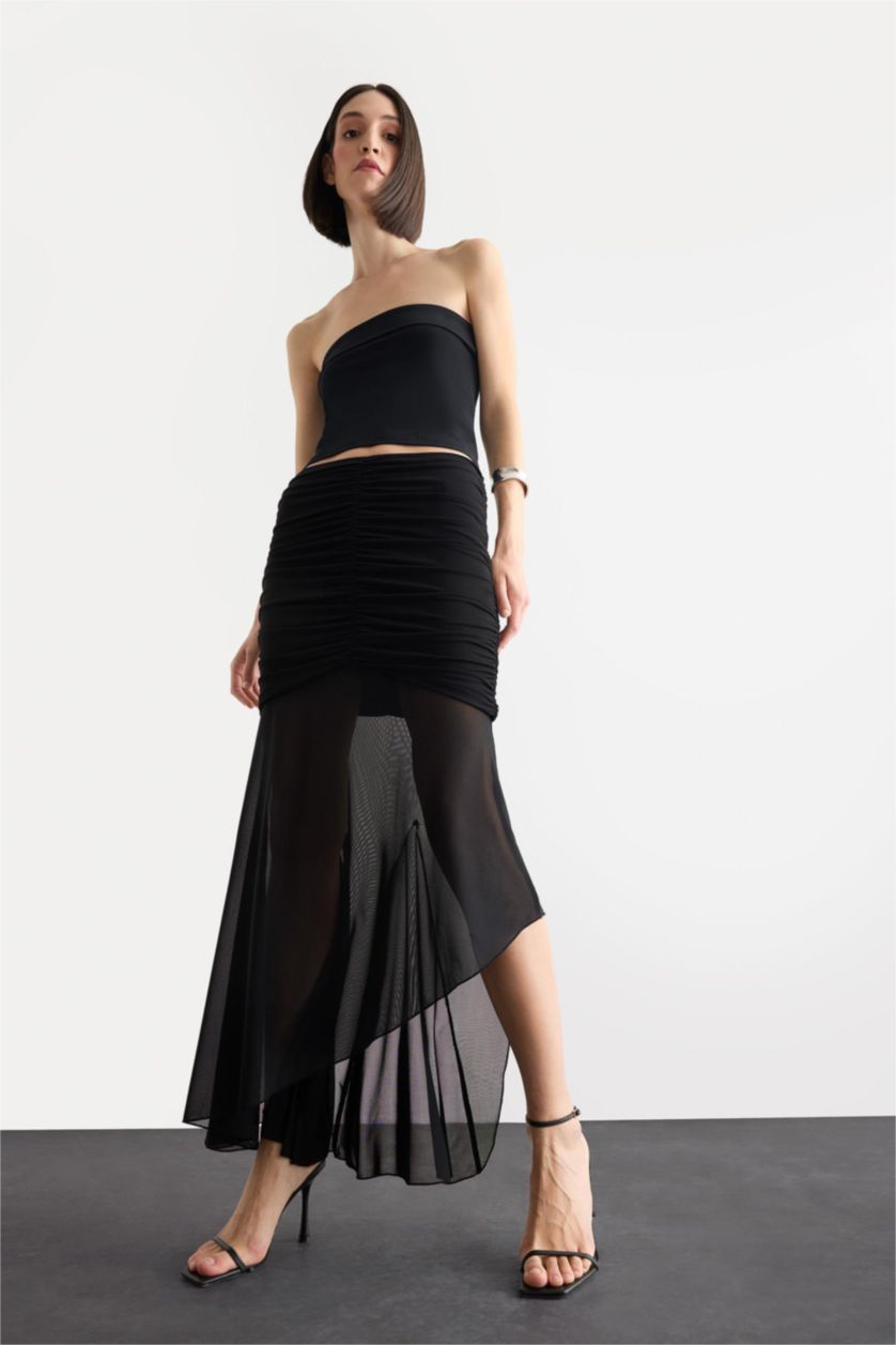 Kadın Siyah Asimetrik Drapeli Midi Etek