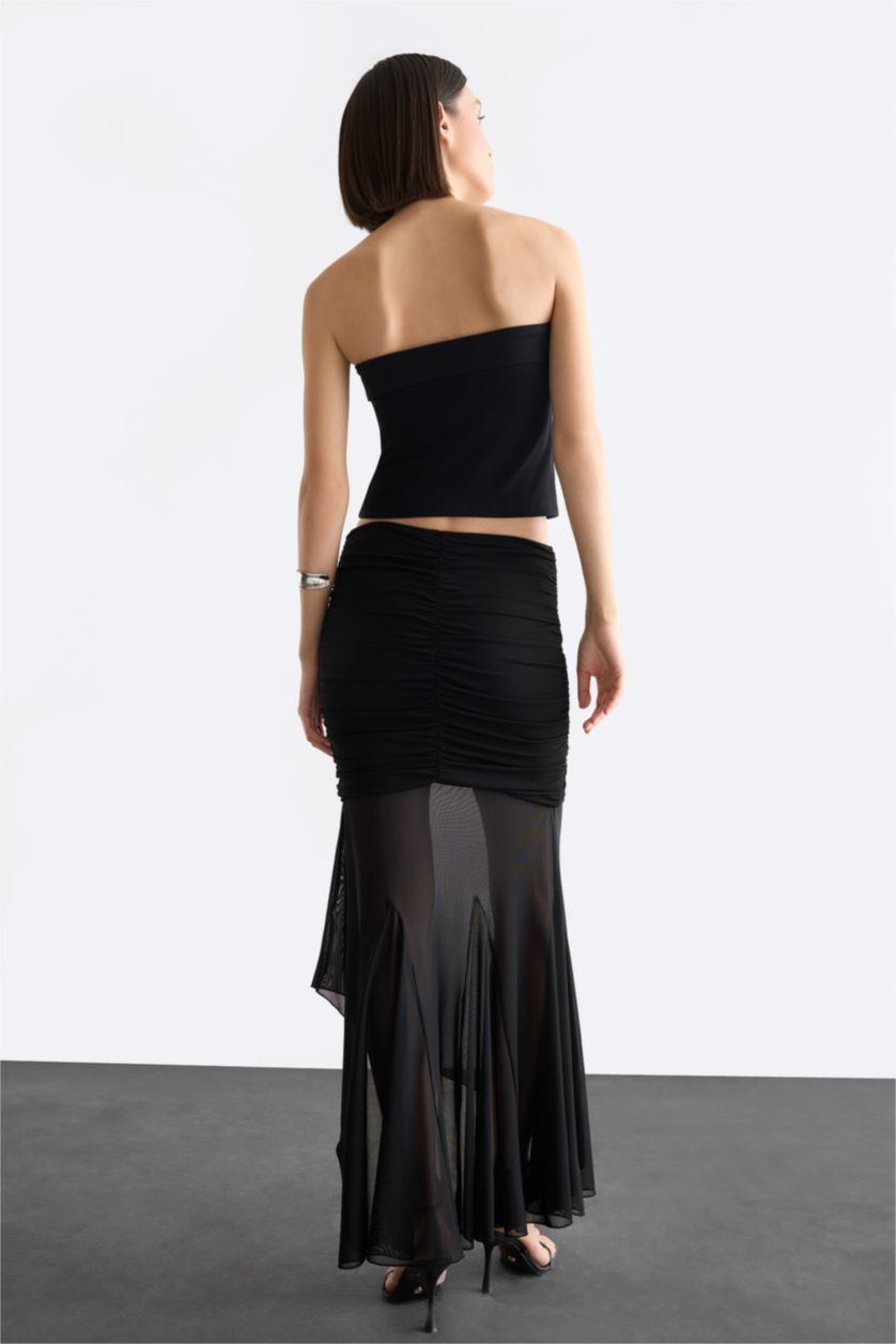 Kadın Siyah Asimetrik Drapeli Midi Etek