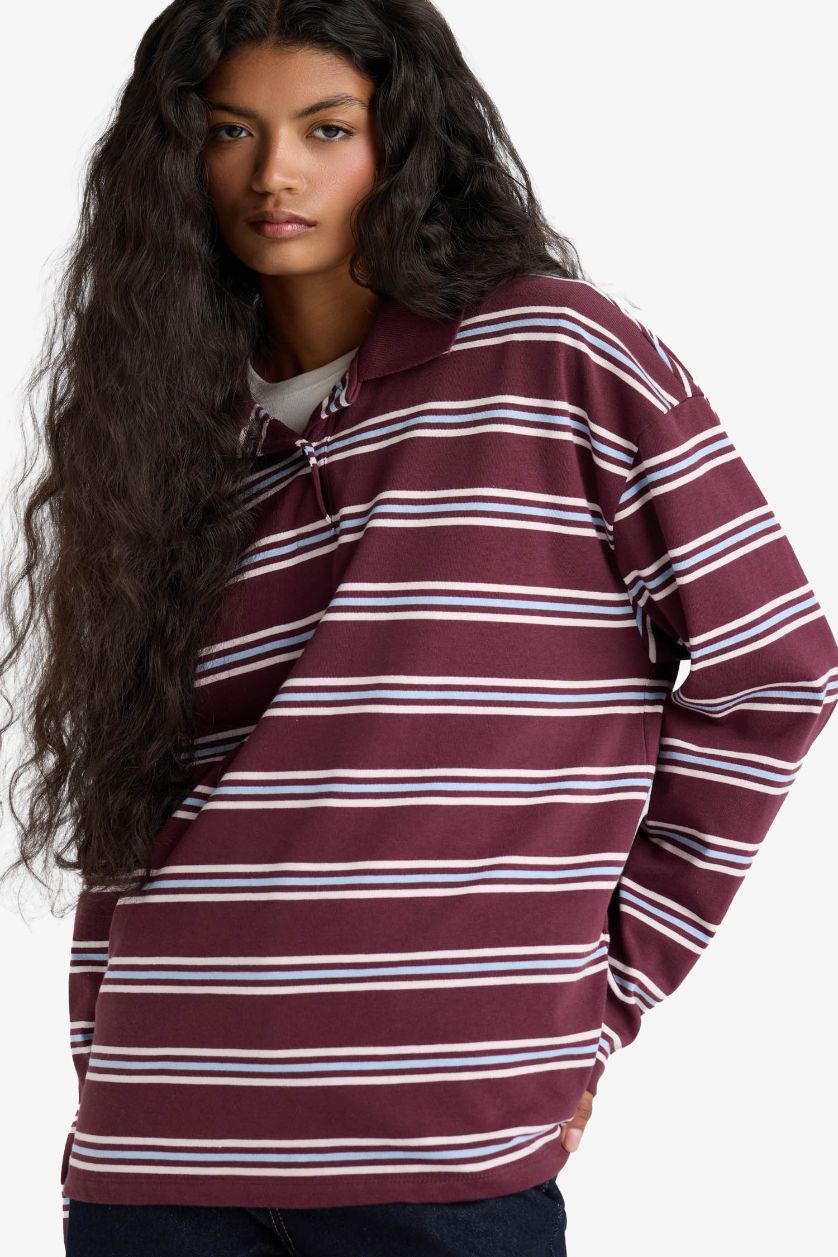 Kadın Bordo Relax Fit Polo Yaka Çizgili Sweatshirt