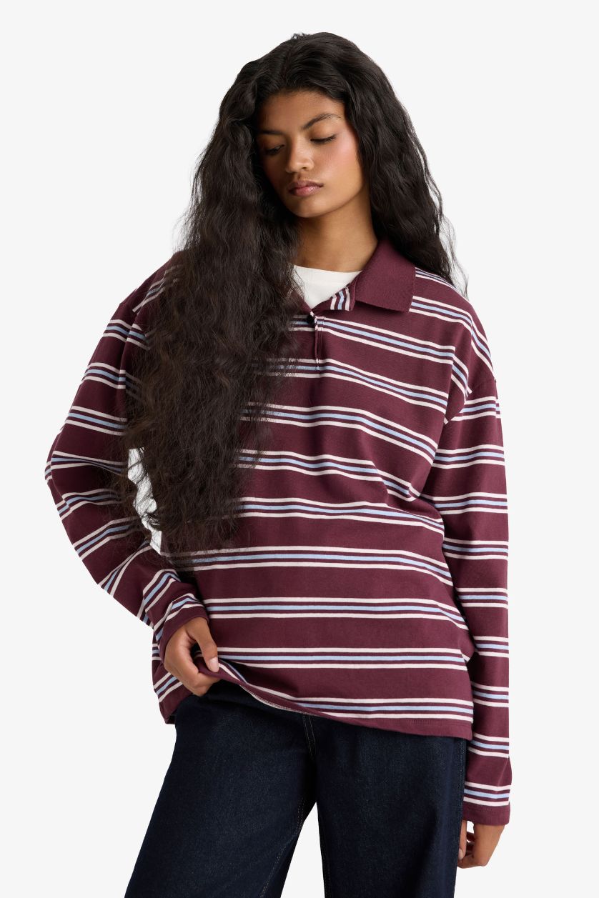Kadın Bordo Relax Fit Polo Yaka Çizgili Sweatshirt