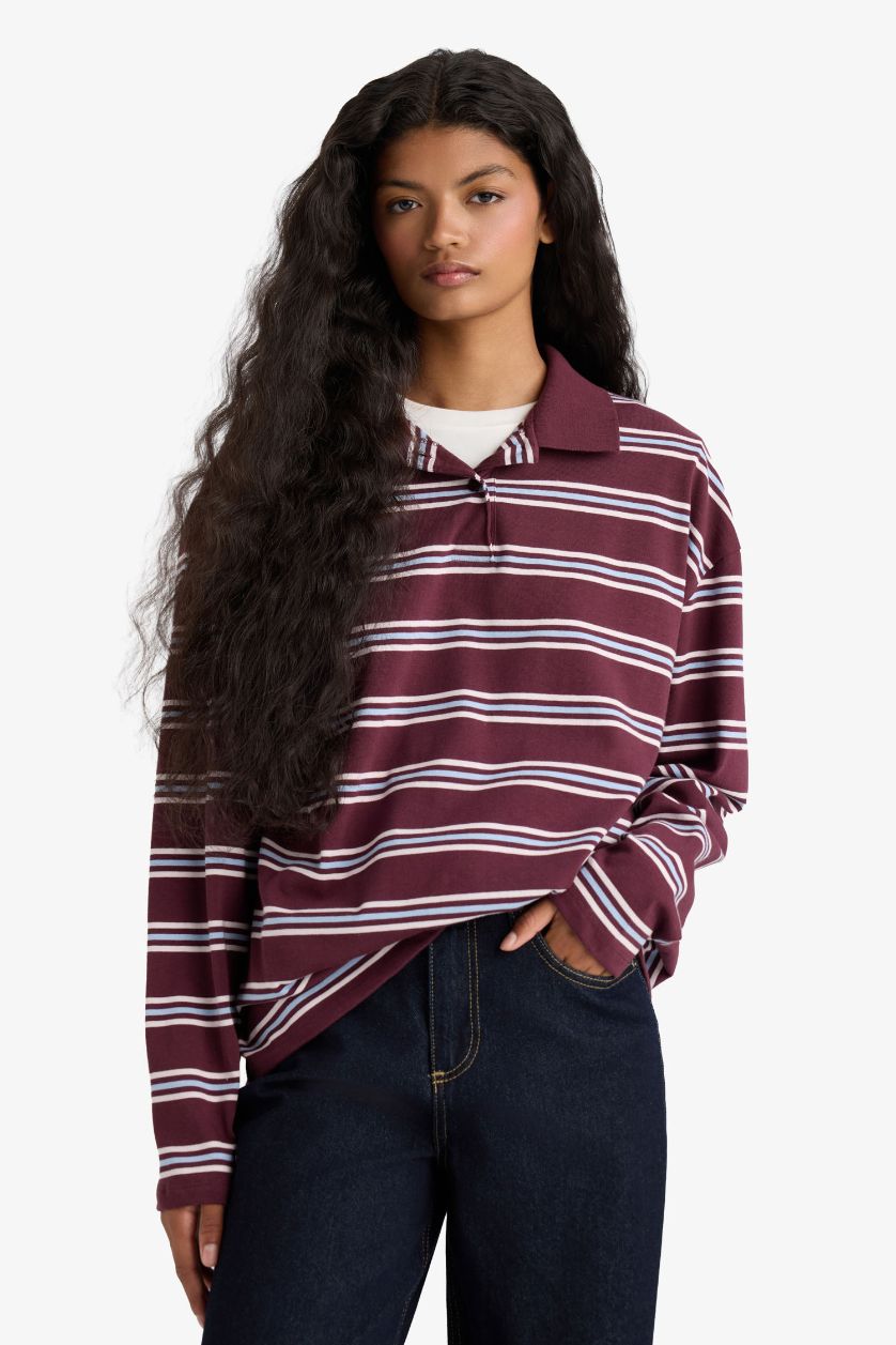 Kadın Bordo Relax Fit Polo Yaka Çizgili Sweatshirt