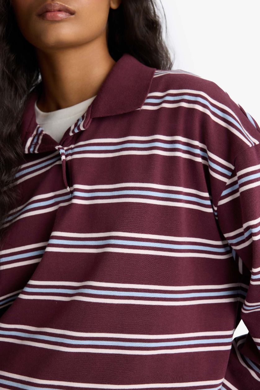 Kadın Bordo Relax Fit Polo Yaka Çizgili Sweatshirt