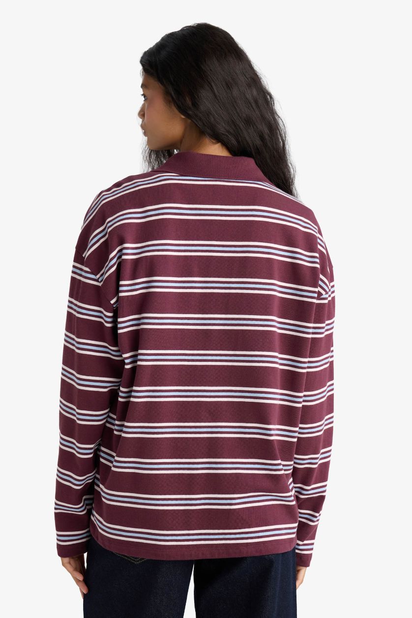 Kadın Bordo Relax Fit Polo Yaka Çizgili Sweatshirt