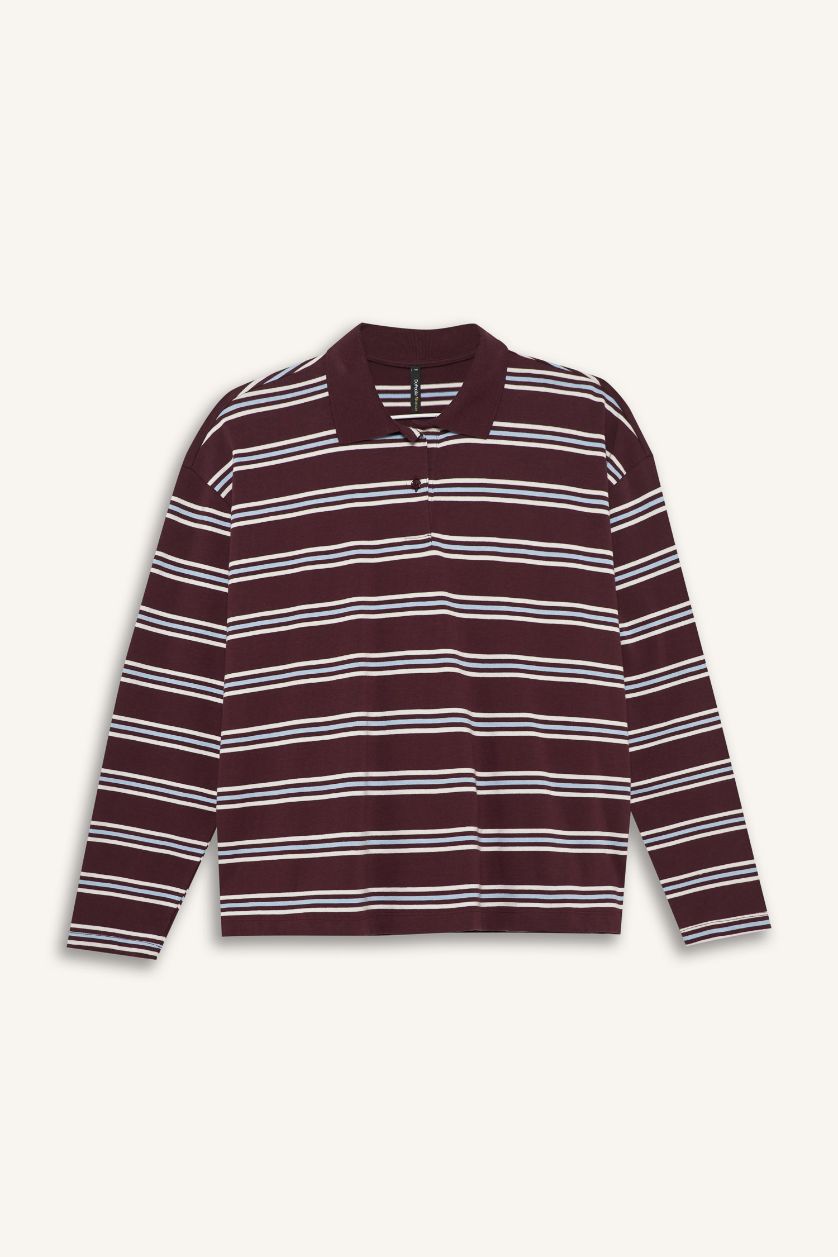 Kadın Bordo Relax Fit Polo Yaka Çizgili Sweatshirt