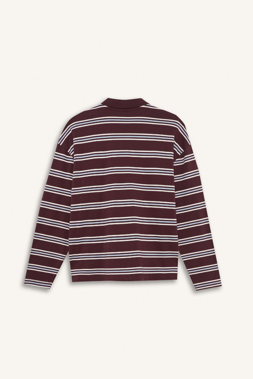 Kadın Bordo Relax Fit Polo Yaka Çizgili Sweatshirt