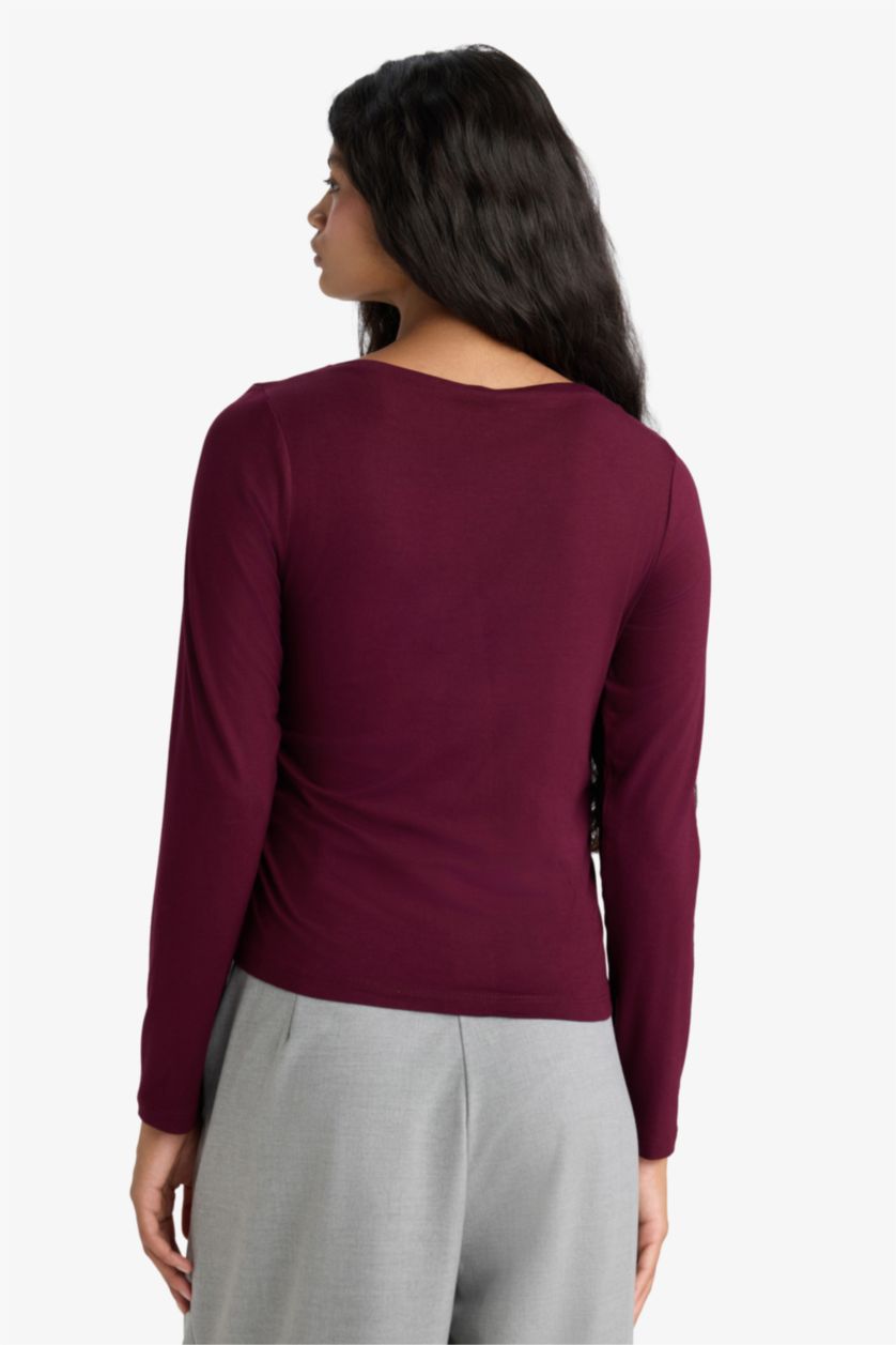Женщины Бордовый Облегающая футболка Slim Fit с воротником-лодочкой и длинным рукавом