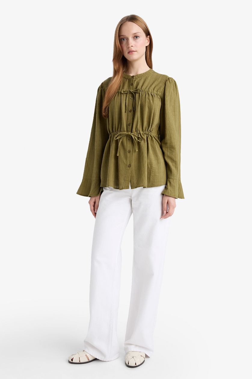 حريمي كاكي تونيك قطن كم طويل قصة عادية بياقة مستديرة