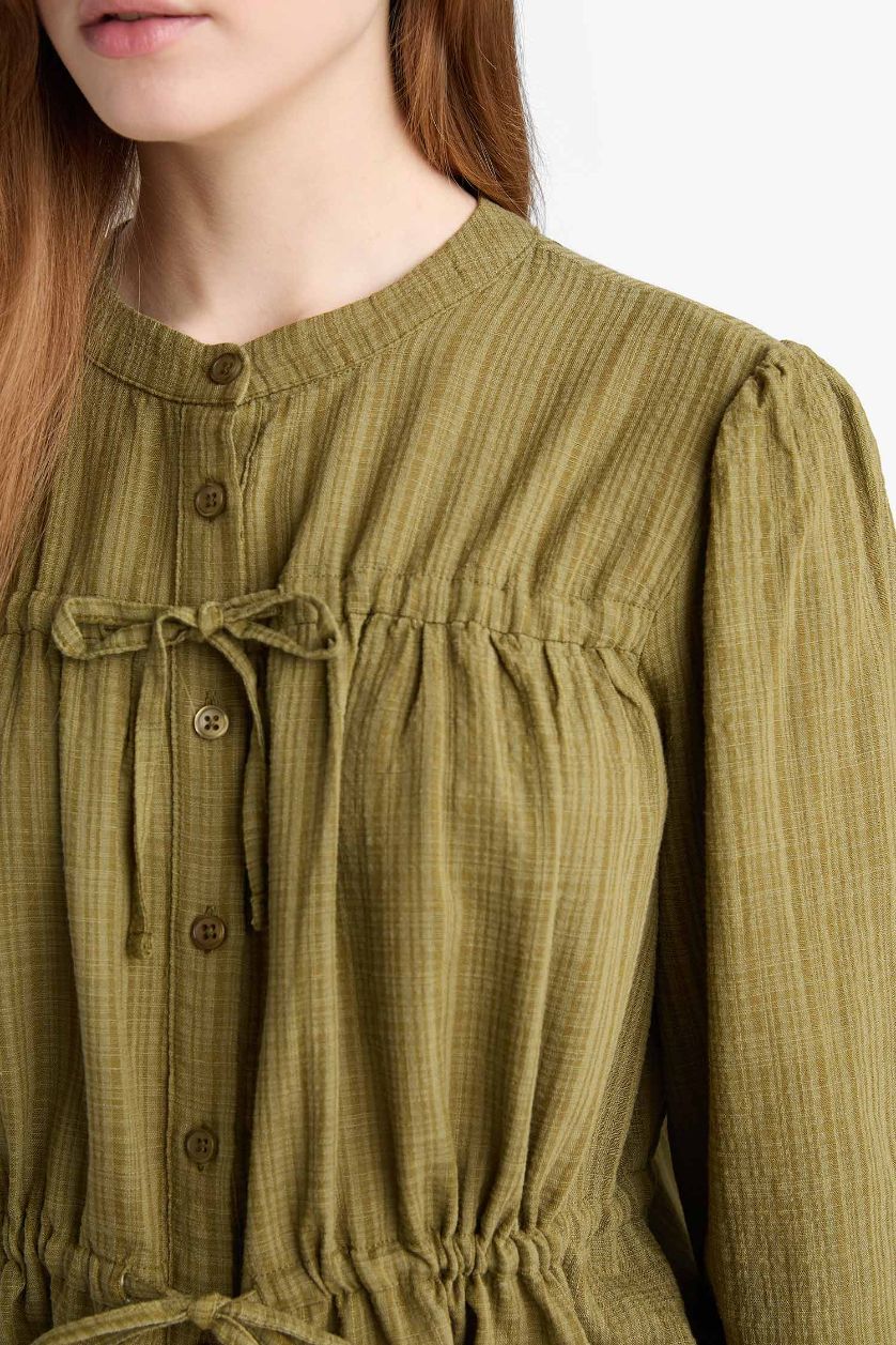 حريمي كاكي تونيك قطن كم طويل قصة عادية بياقة مستديرة