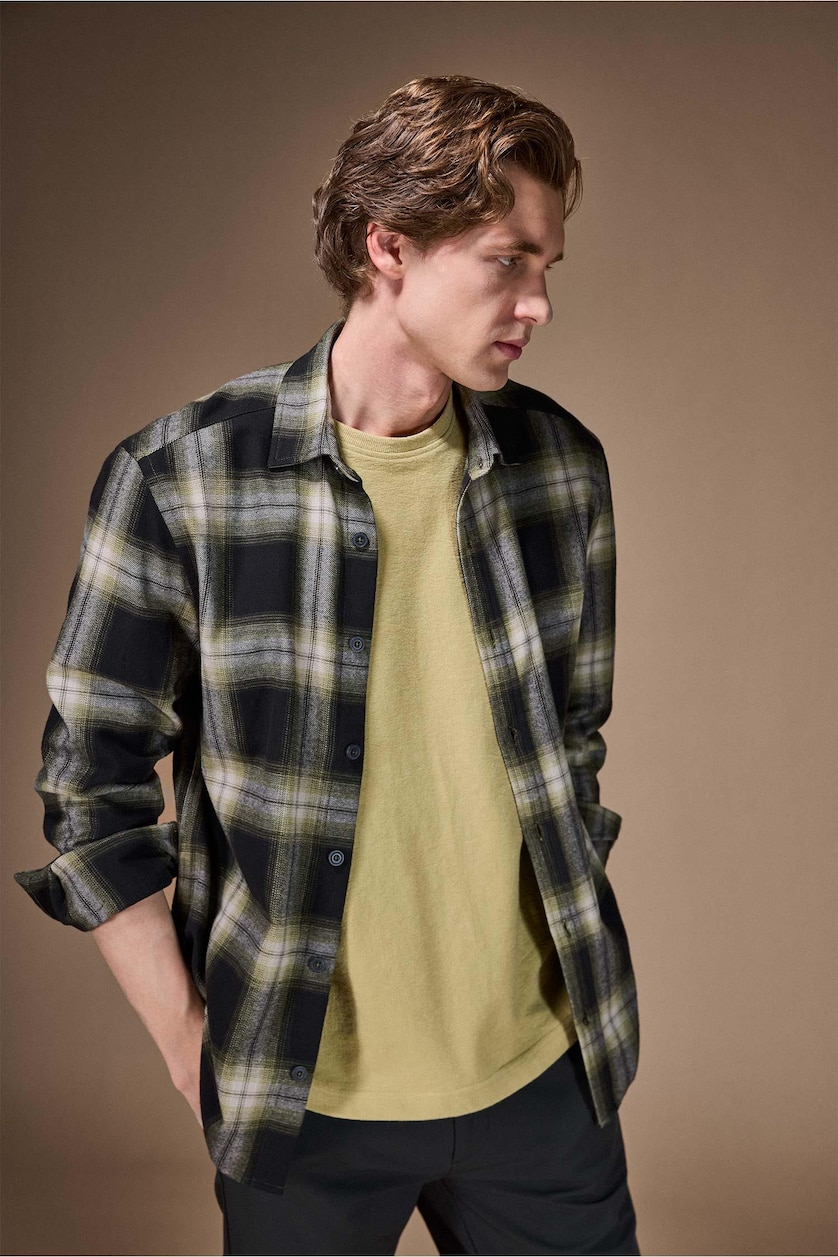 Erkek Haki %100 Pamuk REGULAR FIT Flanel Gömlek