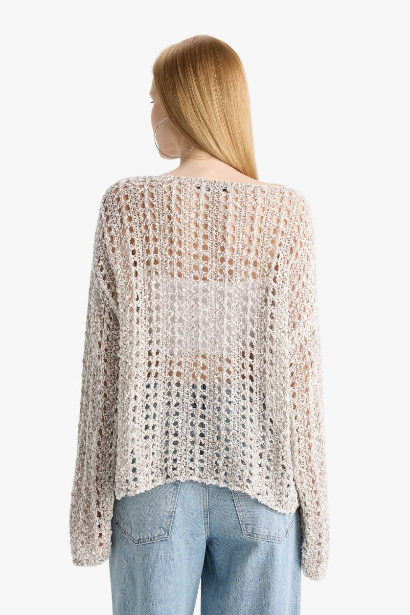 نساء بيج فاتح بلوزة كروشيه اوفر سايز بياخة عريضة