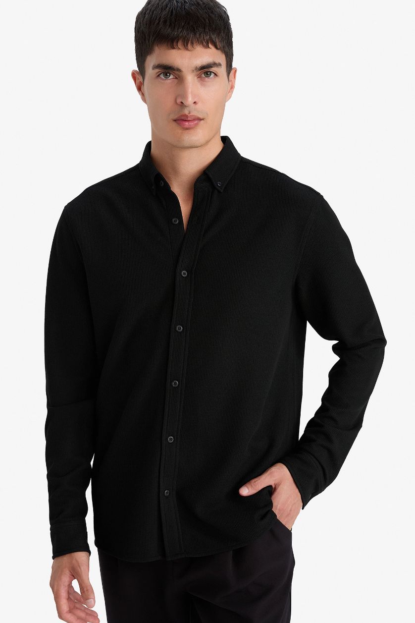MAN Black Regular Fit Polo Collar Long Sleeve Shirt