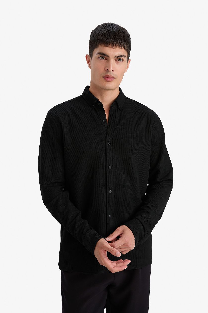 MAN Black Regular Fit Polo Collar Long Sleeve Shirt