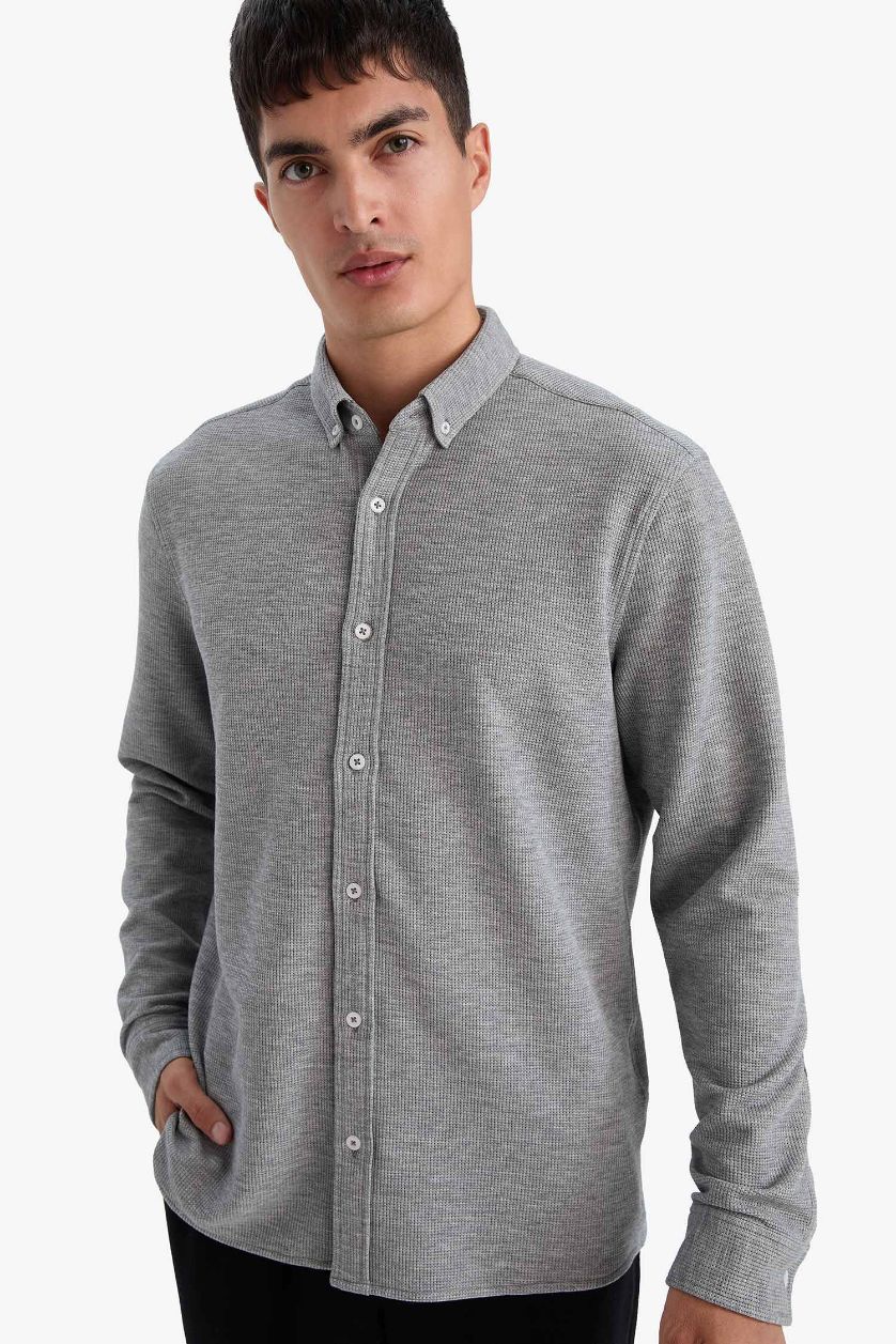 MAN Grey Melange Regular Fit Polo Collar Long Sleeve Shirt