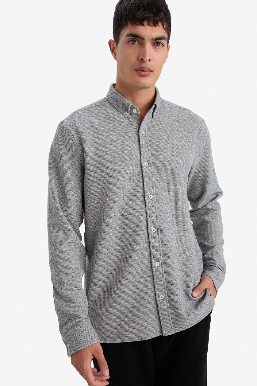 MAN Grey Melange Regular Fit Polo Collar Long Sleeve Shirt