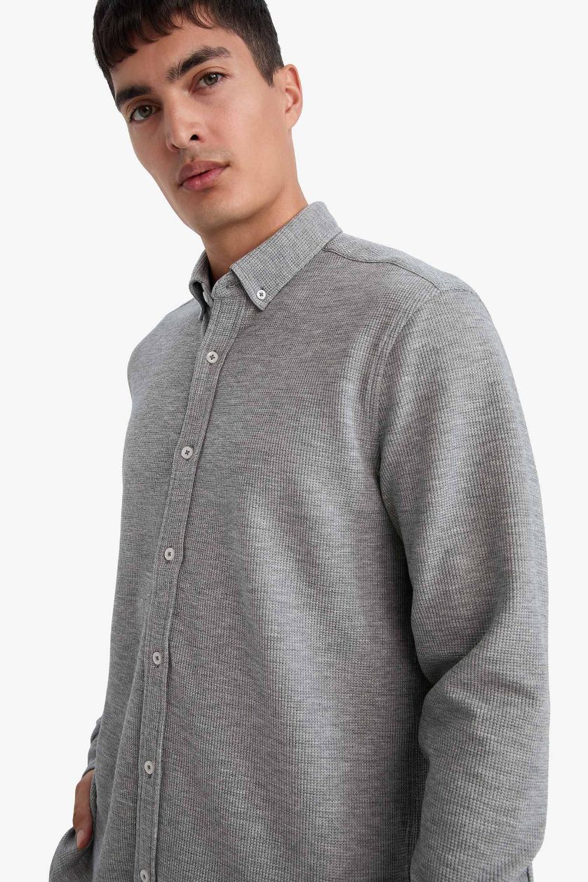 MAN Grey Melange Regular Fit Polo Collar Long Sleeve Shirt