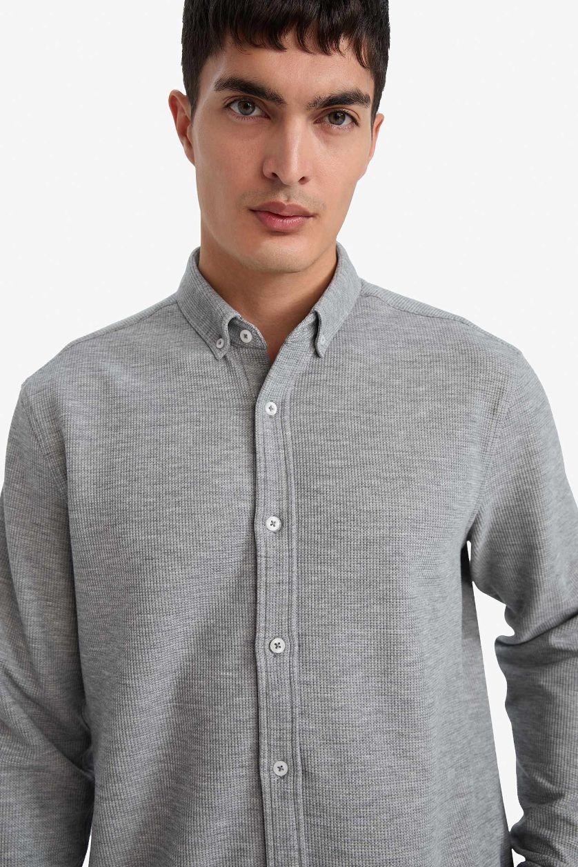 MAN Grey Melange Regular Fit Polo Collar Long Sleeve Shirt