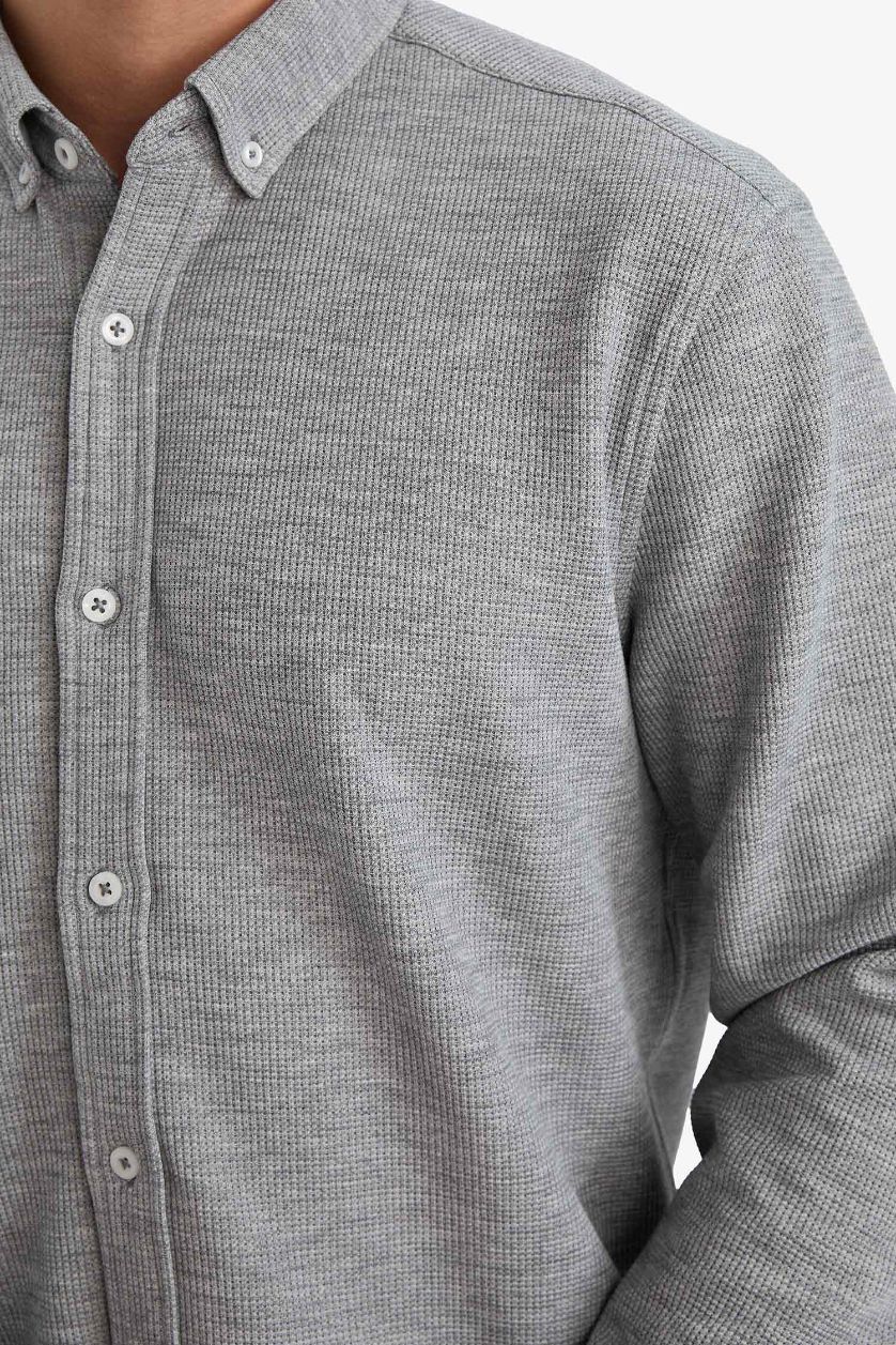 MAN Grey Melange Regular Fit Polo Collar Long Sleeve Shirt