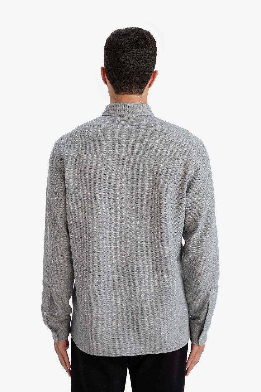 MAN Grey Melange Regular Fit Polo Collar Long Sleeve Shirt