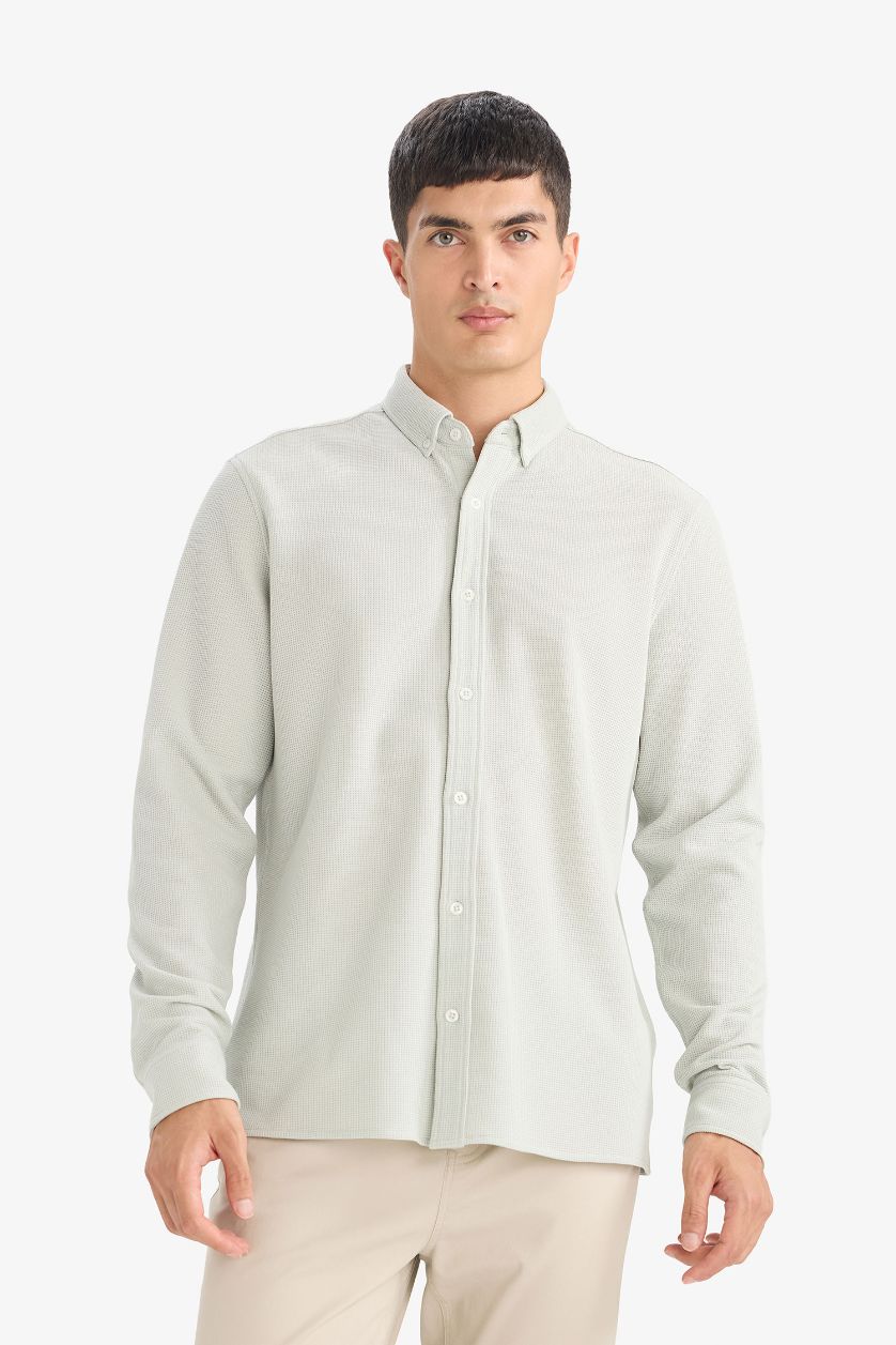 MAN Light Khaki Regular Fit Polo Collar Long Sleeve Shirt