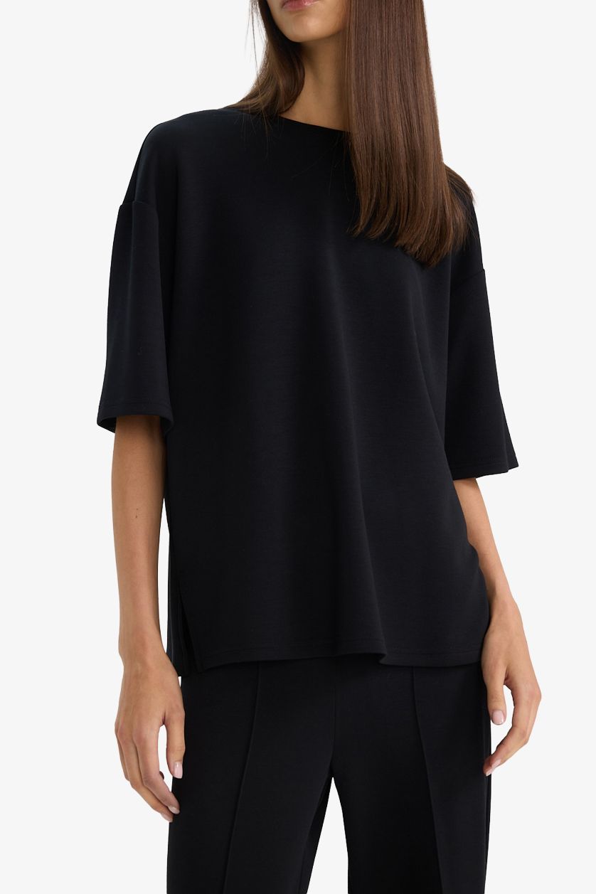 Woman Black Relax Fit Crew Neck Modal Short Sleeve T-Shirt