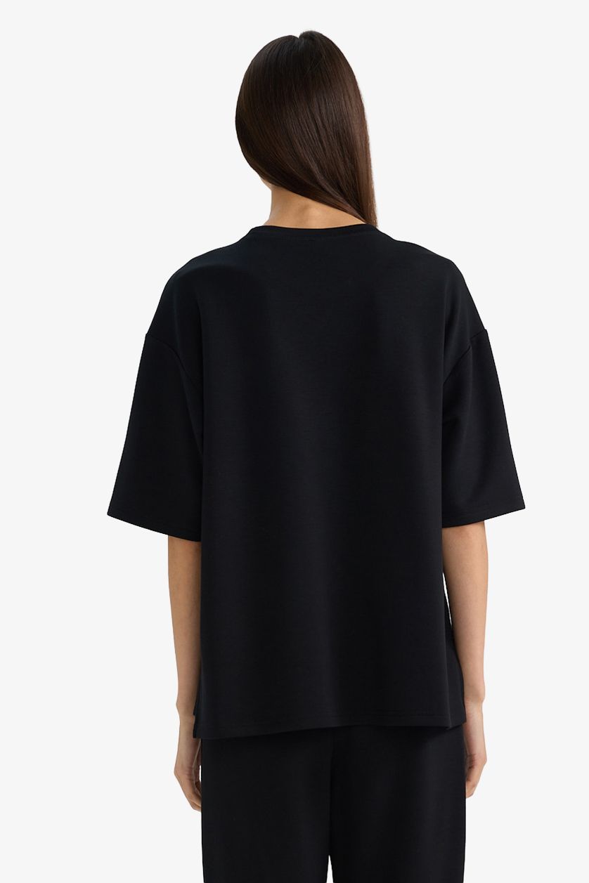 Woman Black Relax Fit Crew Neck Modal Short Sleeve T-Shirt