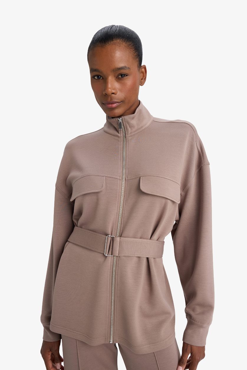 Woman Light Brown Long Fit Stand Collar Modal Cardigan