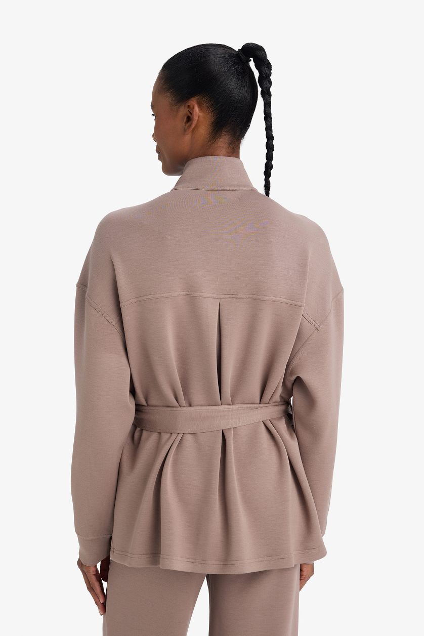 Woman Light Brown Long Fit Stand Collar Modal Cardigan