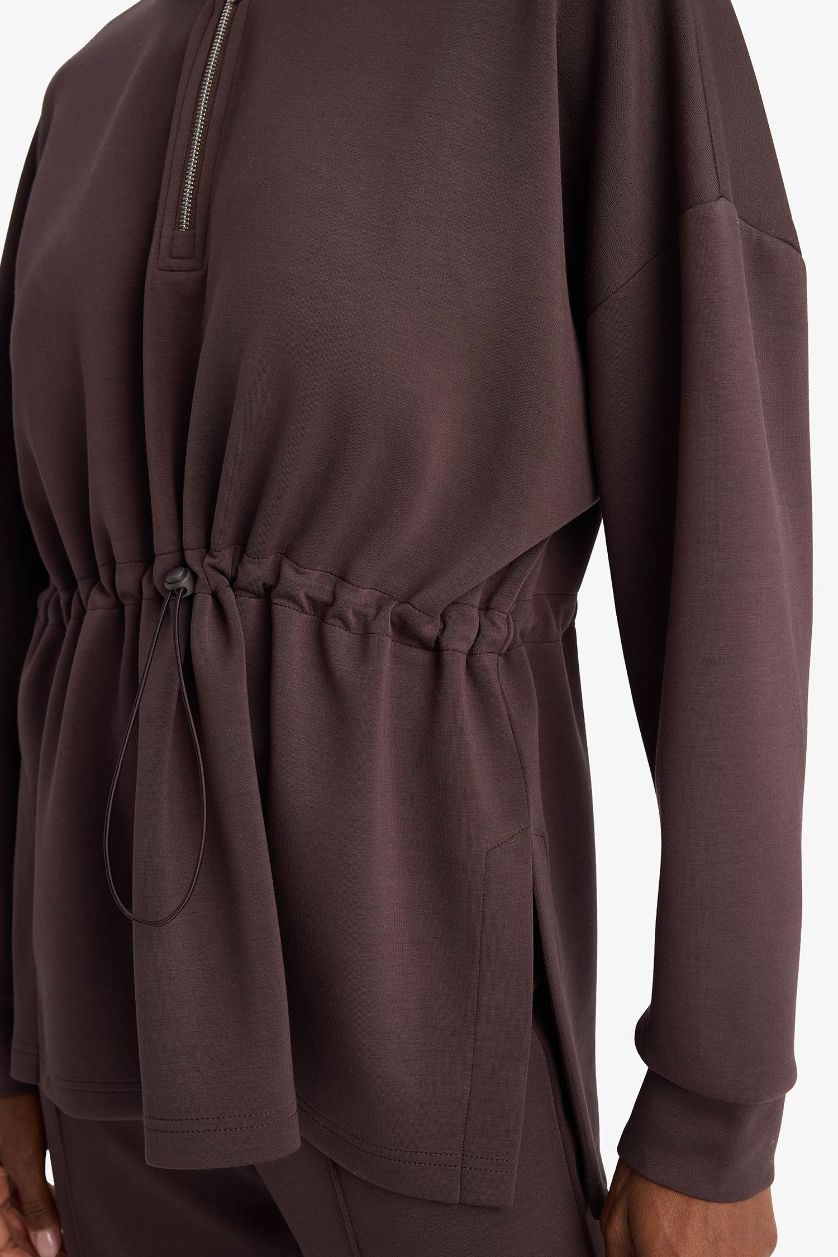 Woman Brown Long Fit High Neck Long Sleeved Modal Sports Sweatshirt