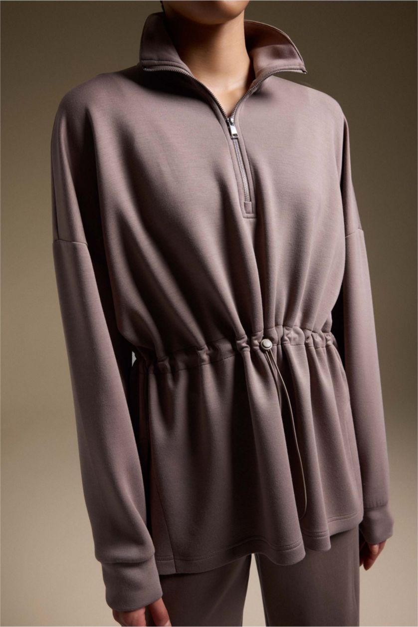 WOMAN Light Brown Long Fit Stand Collar Modal Sports Sweatshirt