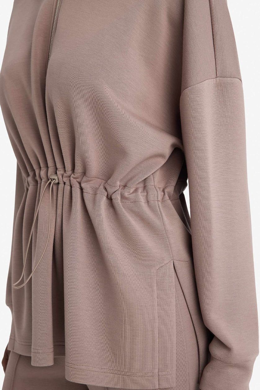 Woman Light Brown Long Fit High Neck Long Sleeved Modal Sports Sweatshirt