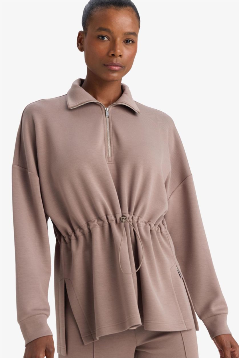 WOMAN Light Brown Long Fit Stand Collar Modal Sports Sweatshirt