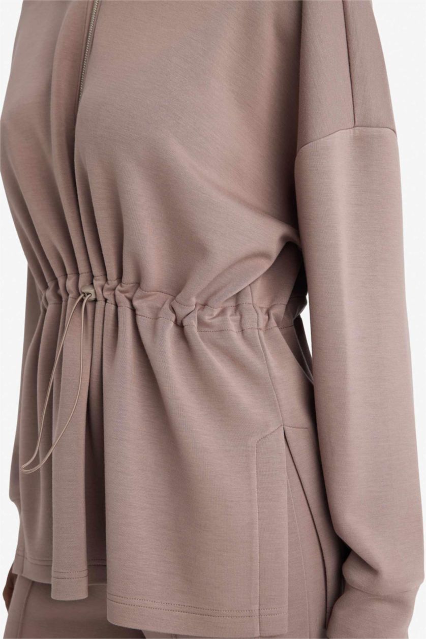 WOMAN Light Brown Long Fit Stand Collar Modal Sports Sweatshirt