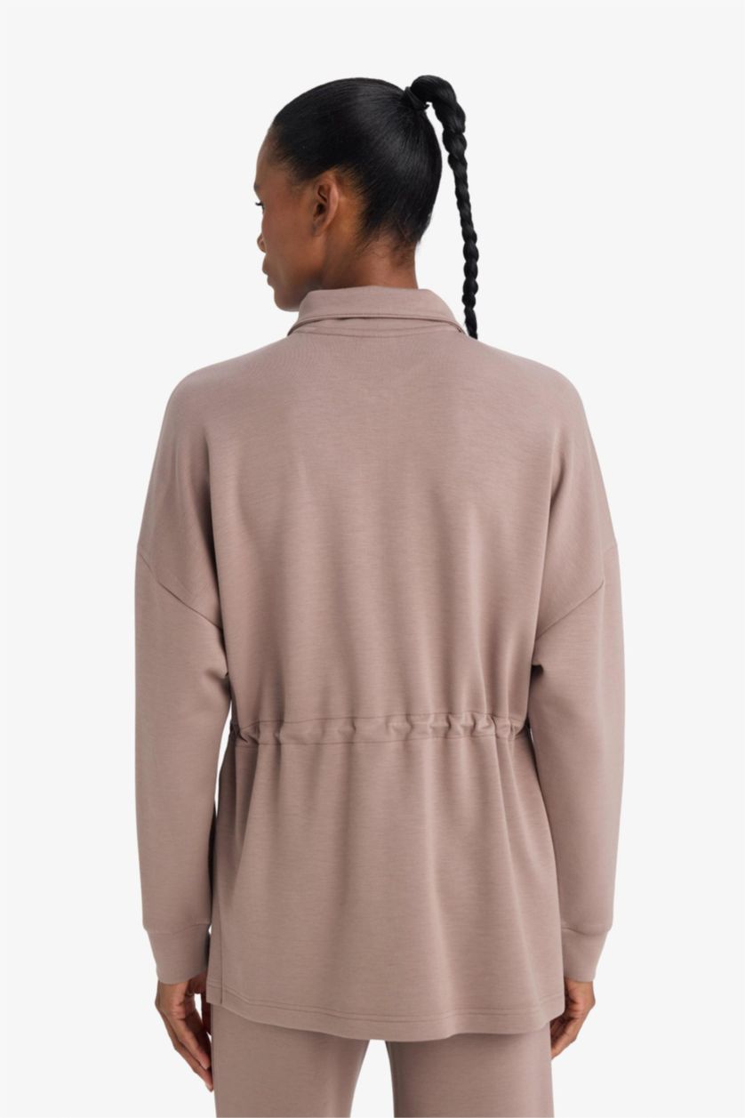 WOMAN Light Brown Long Fit Stand Collar Modal Sports Sweatshirt