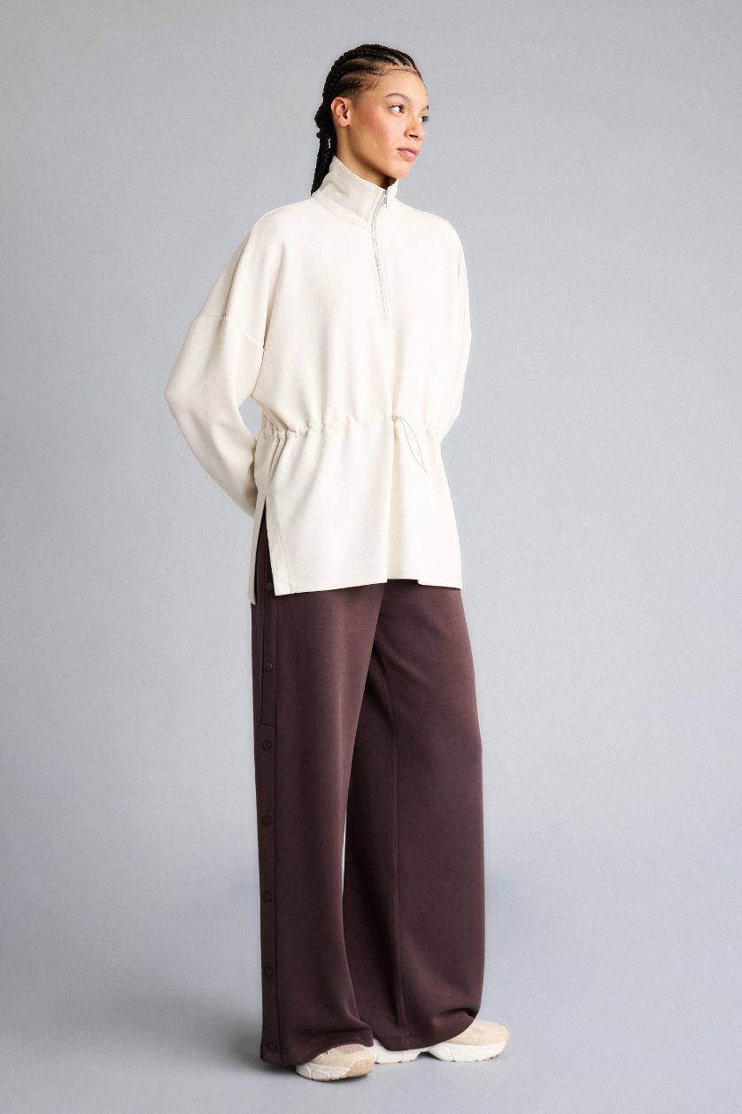 Woman Ecru Long Fit High Neck Long Sleeved Modal Sports Sweatshirt