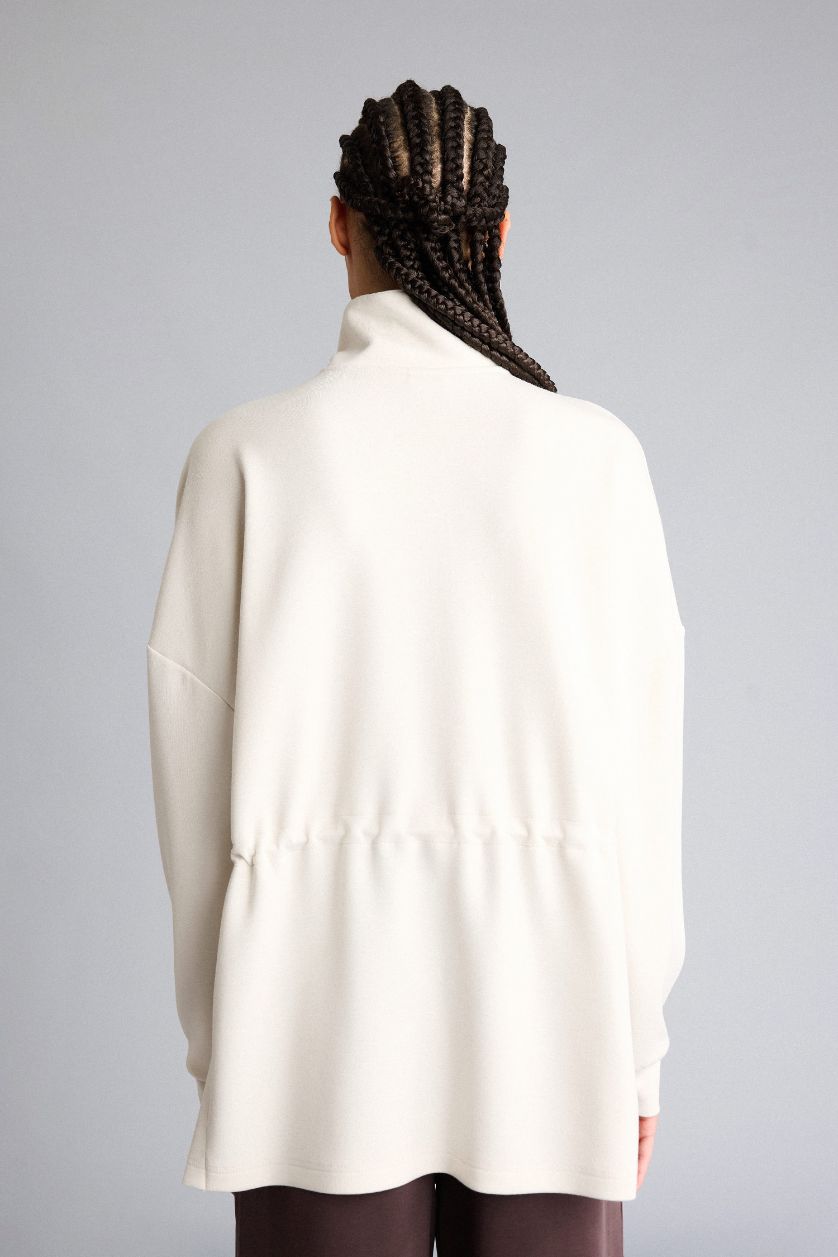 Woman Ecru Long Fit High Neck Long Sleeved Modal Sports Sweatshirt