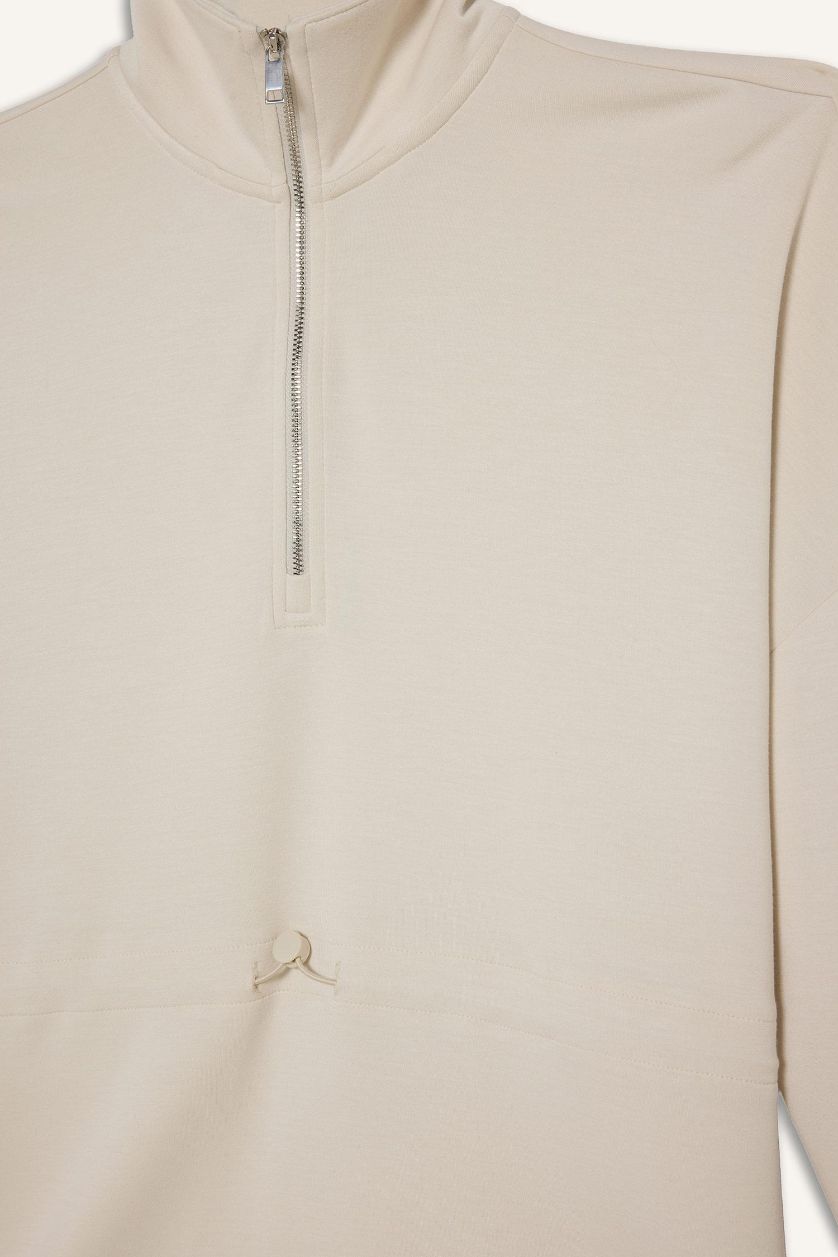 Woman Ecru Long Fit High Neck Long Sleeved Modal Sports Sweatshirt