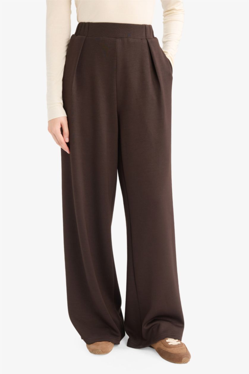 Woman Brown Wide Leg Basic Straight Modal Trousers