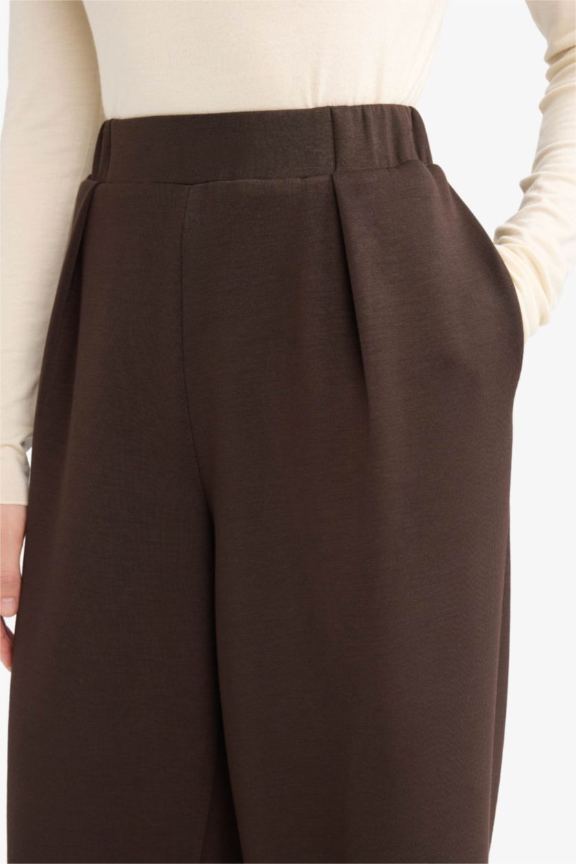 Woman Brown Wide Leg Basic Straight Modal Trousers