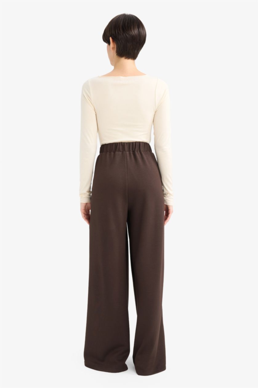 Woman Brown Wide Leg Basic Straight Modal Trousers