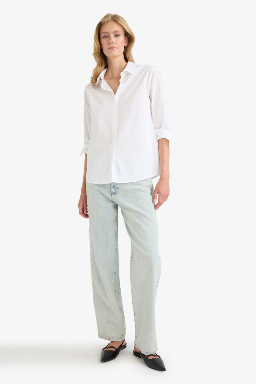 Woman Violet Beyaz Regular Fit Shirt Collar Poplin Long Sleeve Shirt