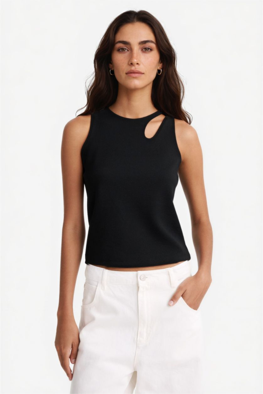 Kadın Siyah Slım Fıt Bisiklet Yaka Fitilli Kaşkorse Atlet