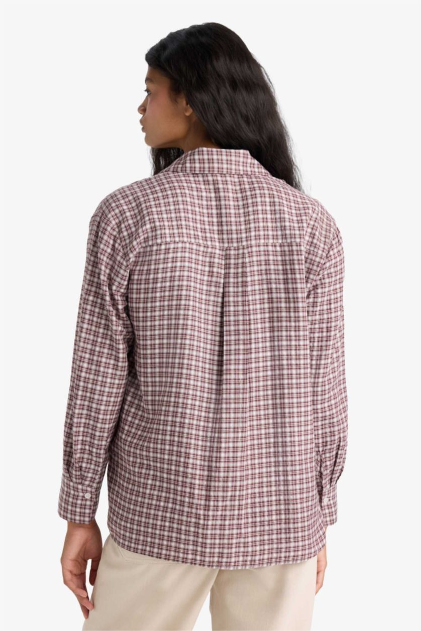 Женщины Бордовый Рубашка Regular Fit с длинным рукавом и в клетку